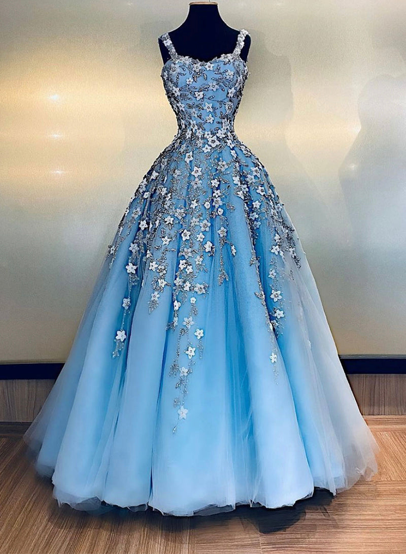 Blue Tulle Appliques Floor Length Prom Dress
