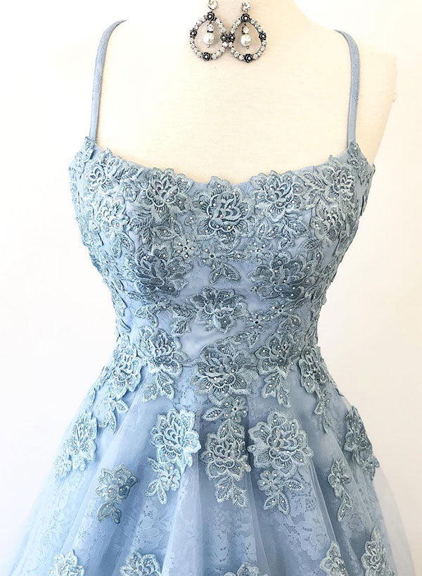 Blue Tulle Lace Long A-Line Prom Dress, Beautiful Backless Evening Party Dress