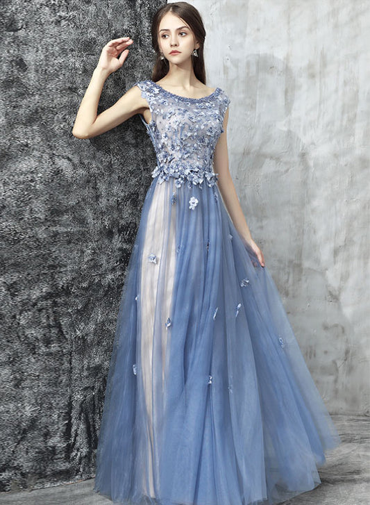 Blue Scoop Neckline Lace Long Prom Dress, Blue A-Line Evening Party Dress