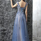 Blue lace round neck long prom dress, evening dress