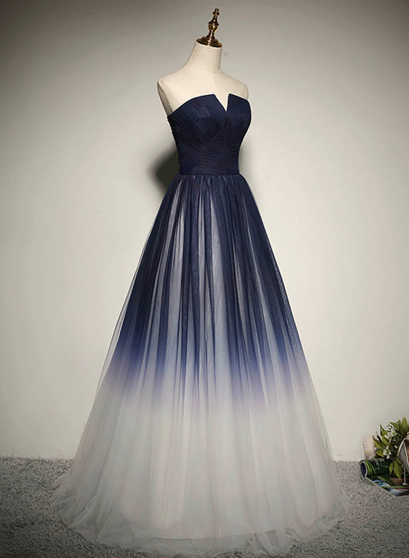 Blue Strapless Ombre Tulle Floor Length Prom Dress