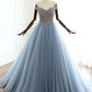 Blue tulle beaded long prom dress, Off shoulder evening dress
