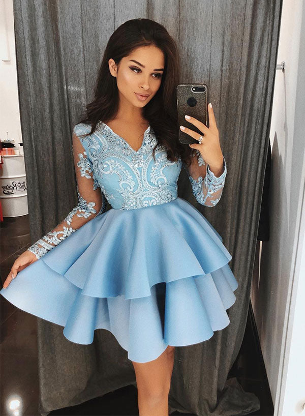 Blue V-Neck Lace Short Prom Dress, A-Line Long Sleeve Evening Party Dress