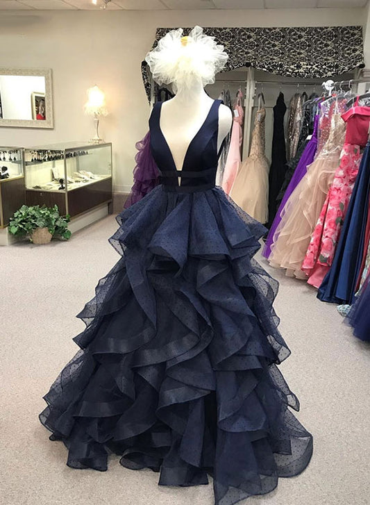 Dark Blue V-Neck Tulle Long Prom Dress, A-Line Beautiful Evening Party Dress