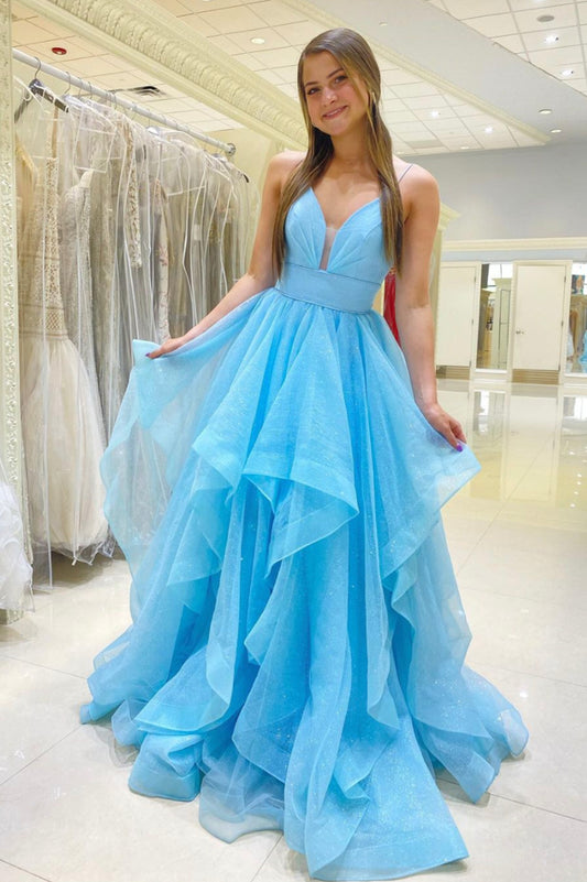 Blue Spaghetti Strap Tulle Long Prom Dress