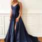 Simple blue v neck satin long prom dress, evening dress