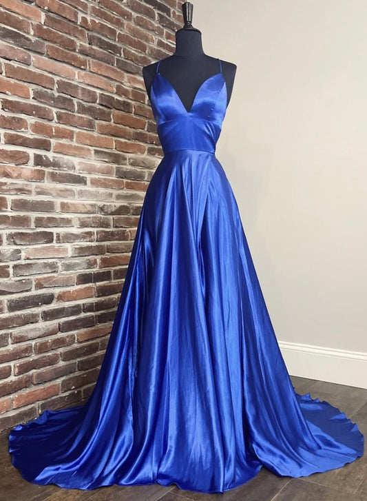 Blue V-Neck Spaghetti Strap Satin Long Prom Dress, Simple Blue Evening Dress