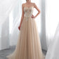 Champagne Strapless Tulle Lace Long Prom Dress, Champagne Floor Length Evening Dress