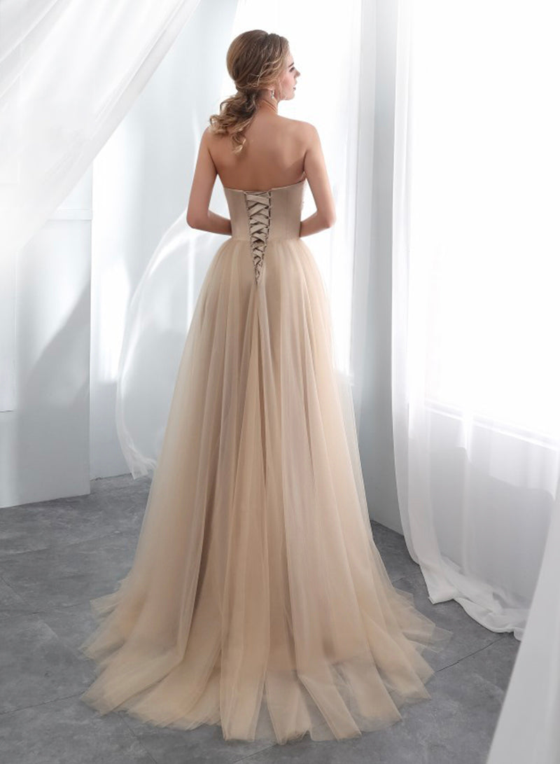 Champagne Strapless Tulle Lace Long Prom Dress, Champagne Floor Length Evening Dress
