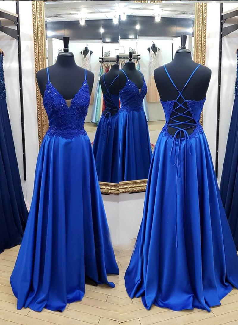Blue Spaghetti Strap Satin Lace Long Prom Dress, Blue V-Neck Evening Dress