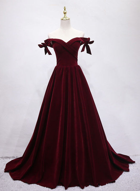 Burgundy Velvet Floor Length Prom Dress, Burgundy A-Line Evening Party Dress