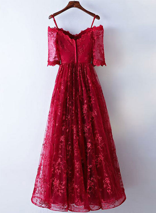 Burgundy Lace Floor Length Prom Dress, Burgundy Evening Party Dress