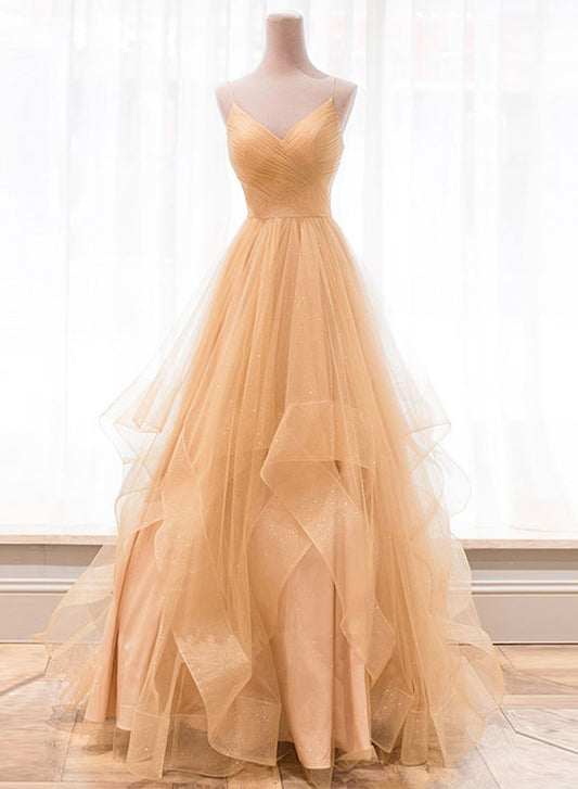 Champagne Spaghetti Strap V-Neck Tulle Long Prom Dress, A-Line Backless Evening Party Dress