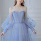 Blue Off the Shoulder Tulle Floor Length Prom Dress, Long Sleeve Blue Evening Dress