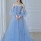 Blue Off the Shoulder Tulle Floor Length Prom Dress, Long Sleeve Blue Evening Dress