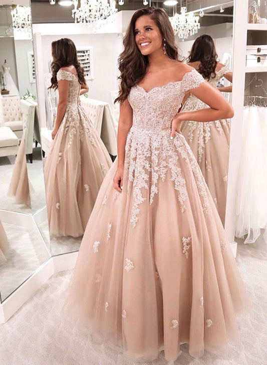 Champagne tulle lace long a line prom dress evening dress