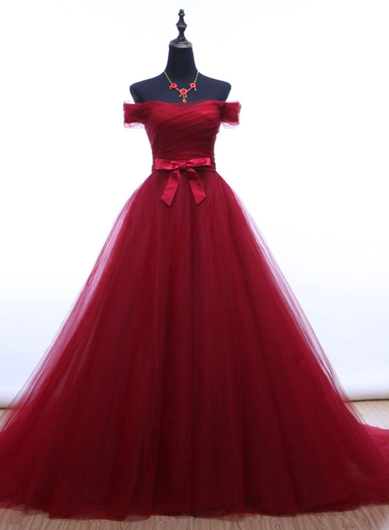 Burgundy Tulle Long Prom Dress, Off the Shoulder Evening Party Dress