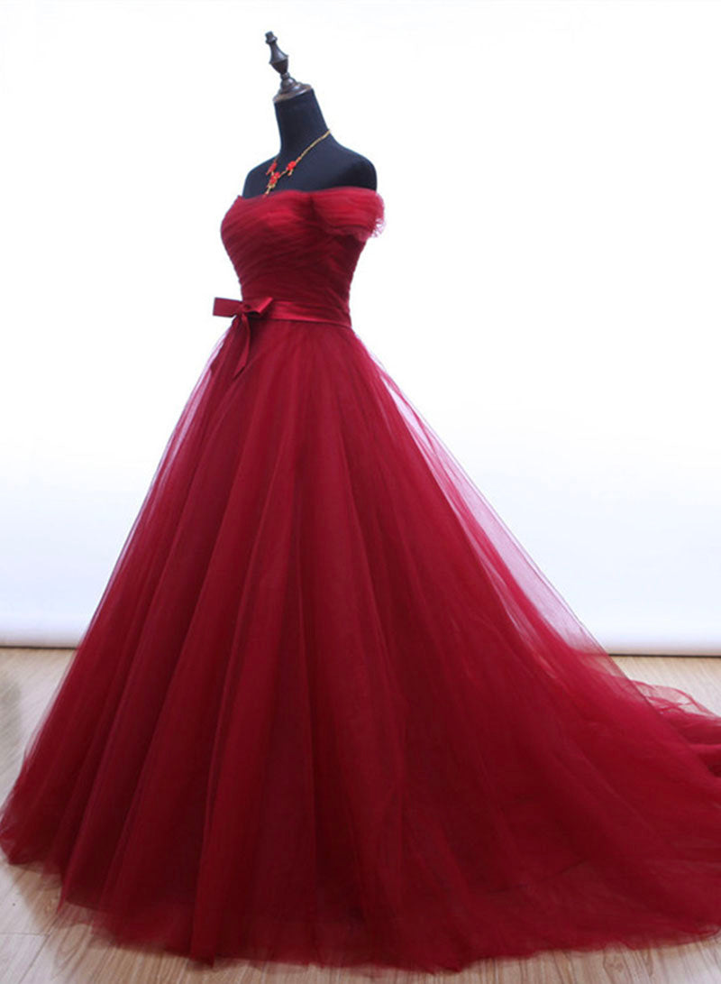 Burgundy Tulle Long Prom Dress, Off the Shoulder Evening Party Dress