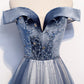 Blue Velvet Tulle Long Prom Dress, Off the Shoulder Evening Party Dress