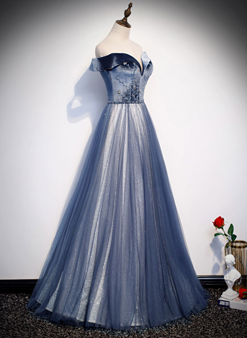 Blue Velvet Tulle Long Prom Dress, Off the Shoulder Evening Party Dress