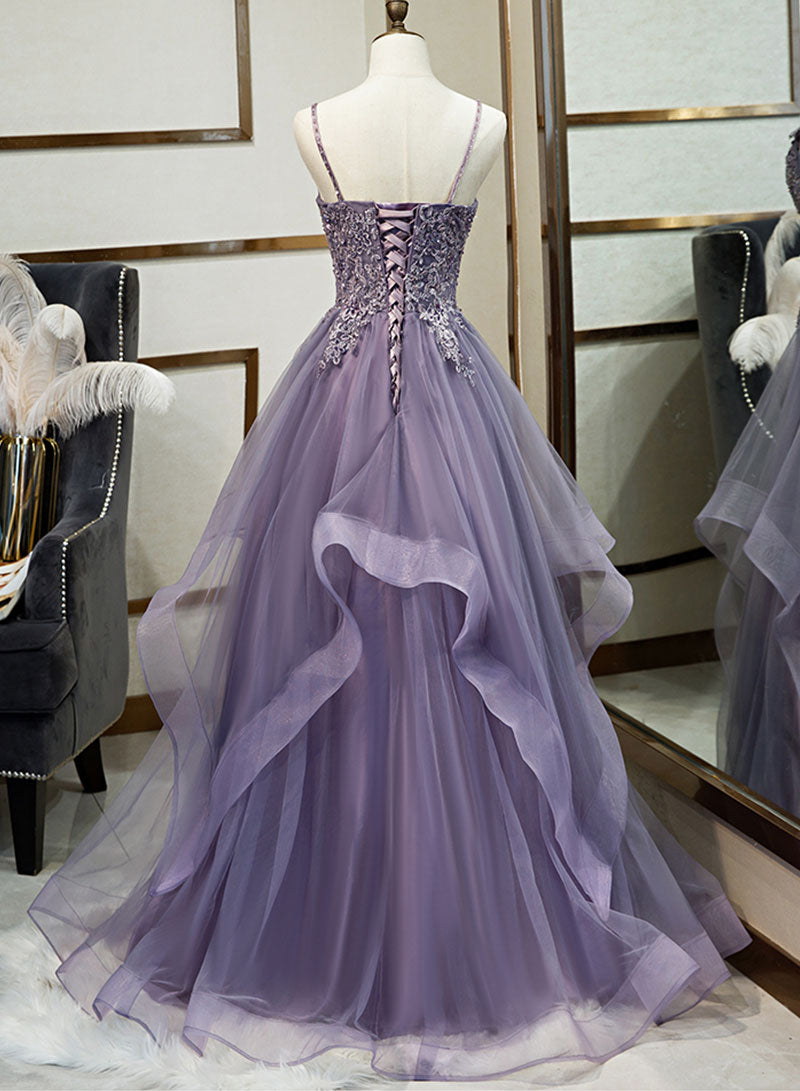 Purple Spaghetti Strap Tulle Lace Long Prom Dress, Purple Evening Party Dress