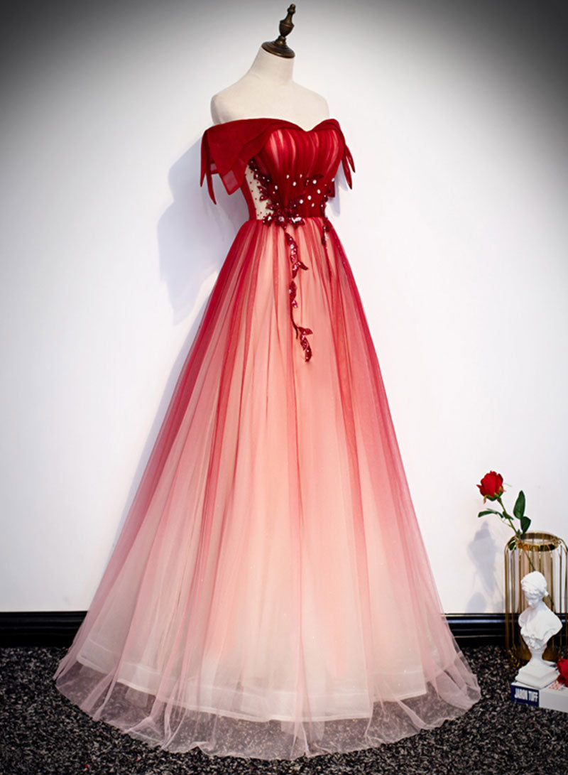 Burgundy Tulle Long Prom Dress, Off the Shoulder Evening Dress