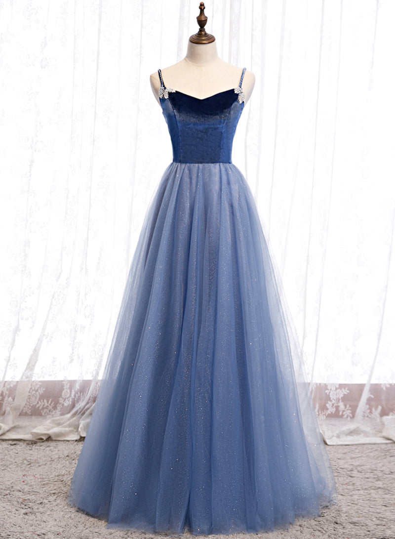 Blue Velvet Tulle Long Prom Dress, Blue Spaghetti Strap Evening Party Dress