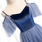 Blue Velvet Tulle Long Prom Dress, Blue Spaghetti Strap Evening Party Dress
