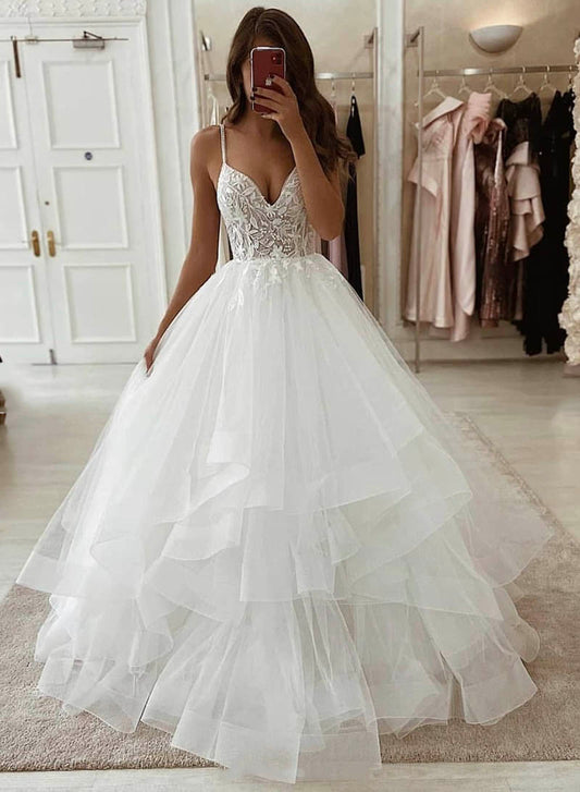 White Spaghetti Strap Tulle Lace Long Prom Dress, A-line V-Neck Evening Party Dress