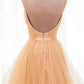 Champagne Spaghetti Strap V-Neck Tulle Long Prom Dress, A-Line Backless Evening Party Dress