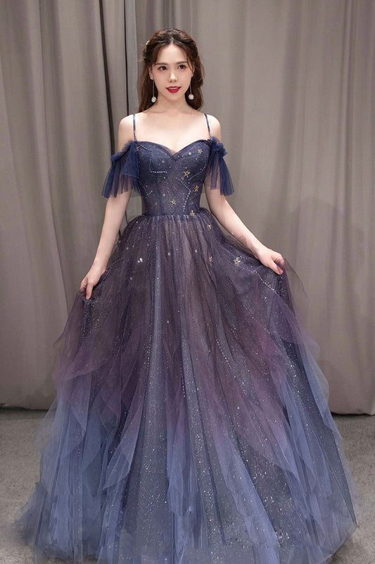 Purple Gradient Tulle Long Prom Dress, Beautiful A-Line Spaghetti Strap Evening Party Dress