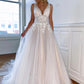 A-Line Tulle Lace Floor Length V-Neck Prom Dress