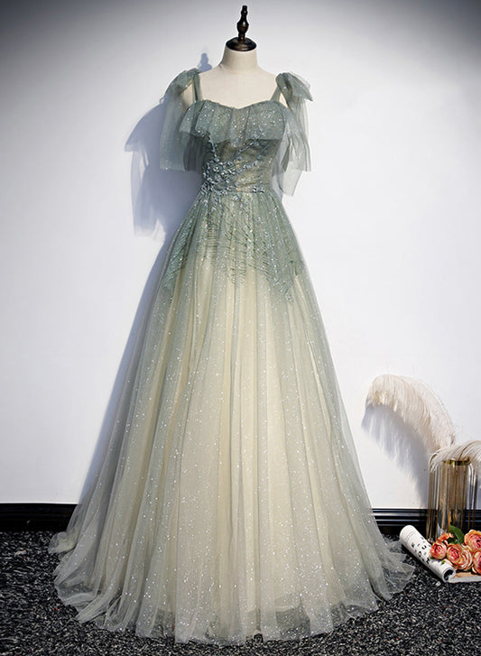 Elegant Tulle Floor Length Prom Dress, A-Line Green Evening Dress
