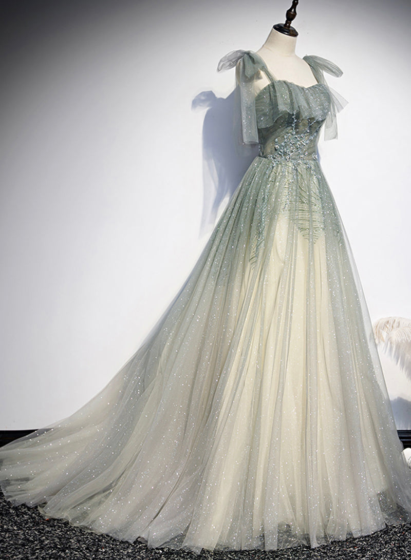 Elegant Tulle Floor Length Prom Dress, A-Line Green Evening Dress