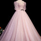 Pink Tulle Long Prom Dress, Lovely Short Sleeve Evening Dress