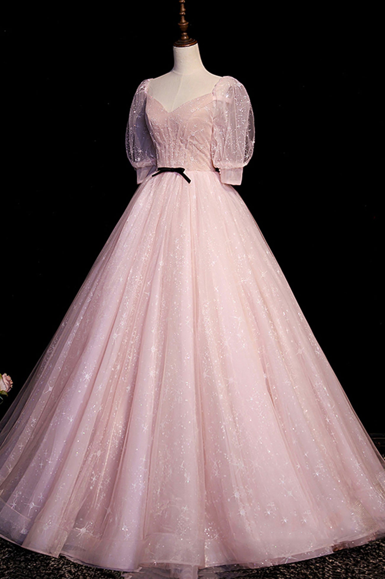 Pink Tulle Long Prom Dress, Lovely Short Sleeve Evening Dress