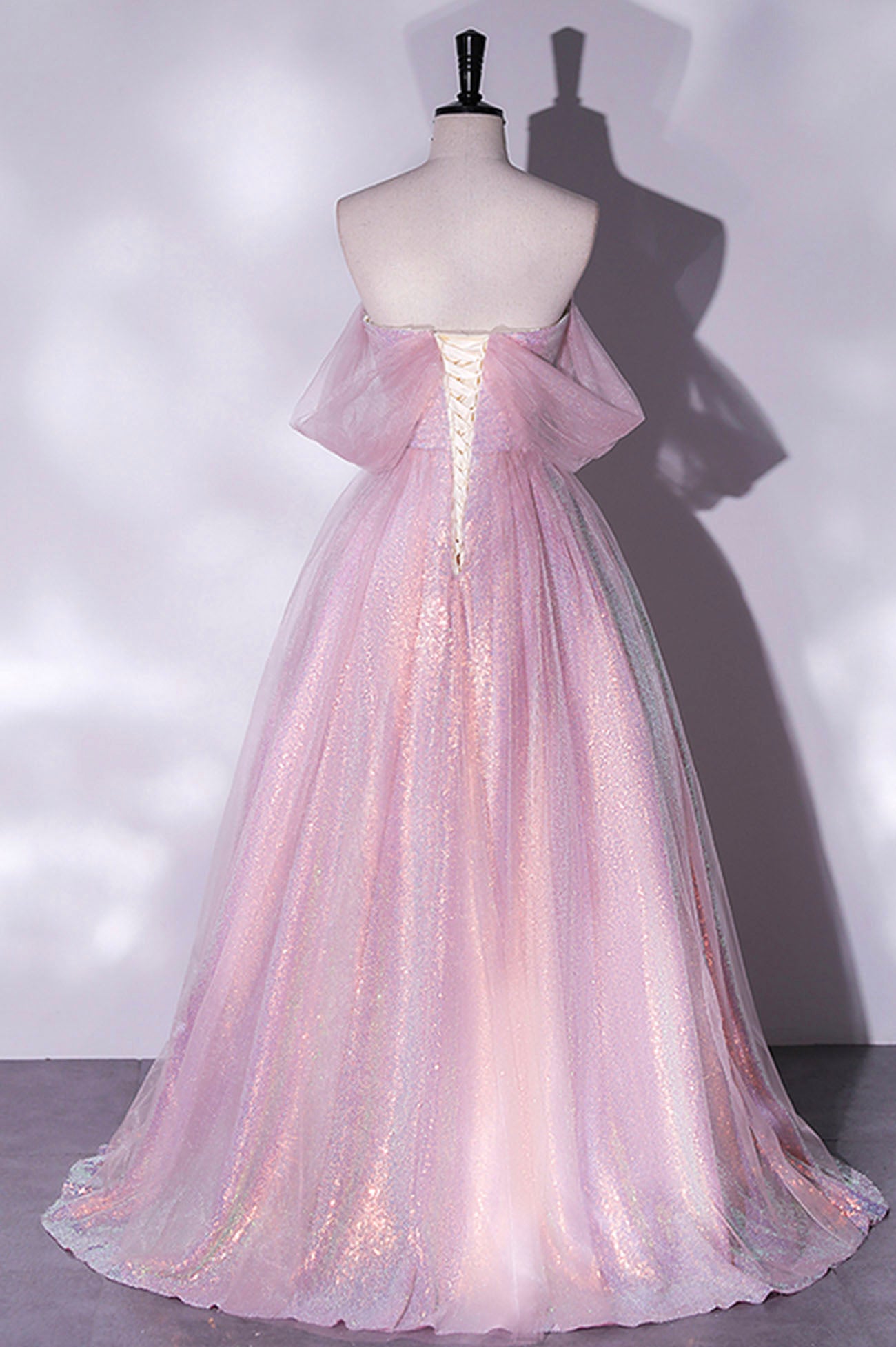 Pink Tulle Sequins Long Prom Dress, Off the Shoulder Evening Party Dress