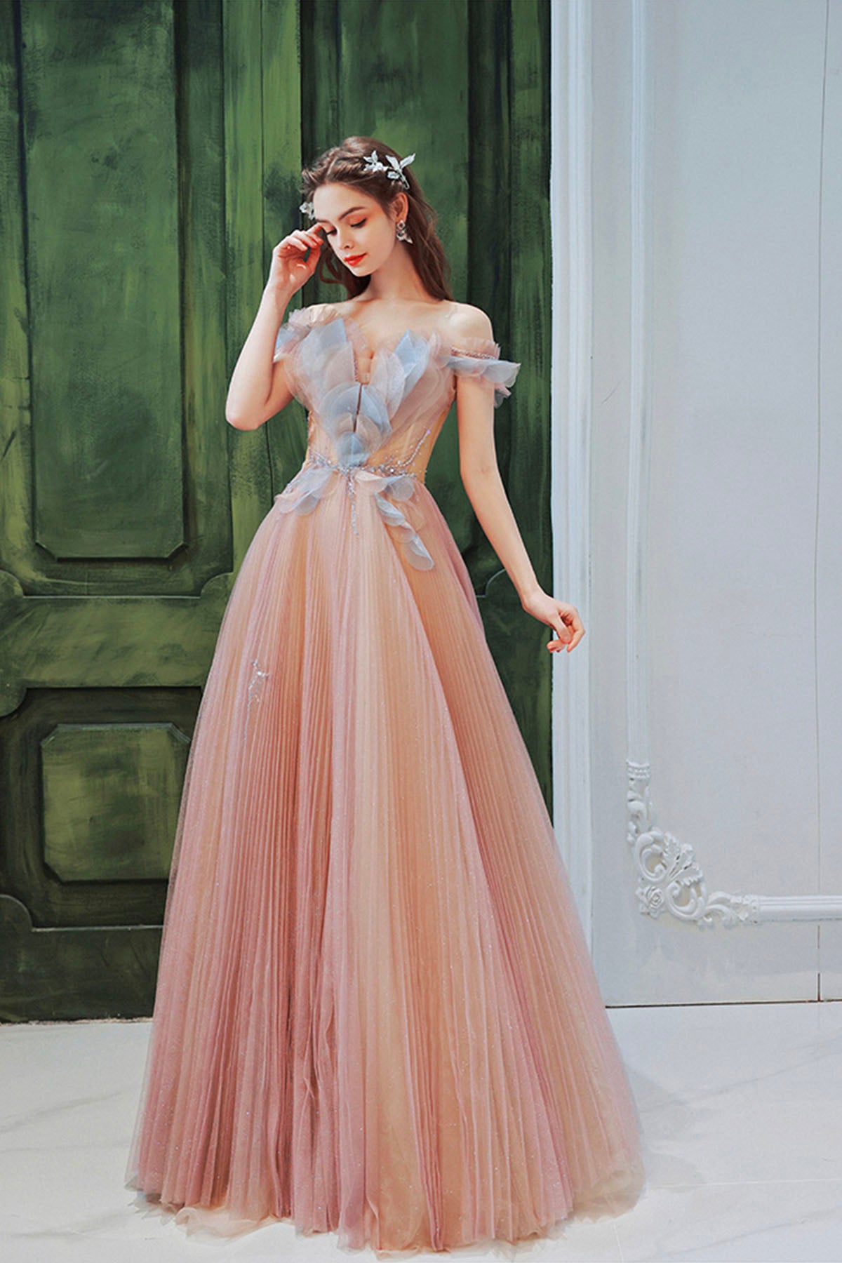 Pink Tulle Sequins Long Prom Dress, Beautiful Off the Shoulder Party Dress