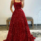 Burgundy Sequins Long Prom Dress, Beautiful A-Line Evening Dress Party Dress