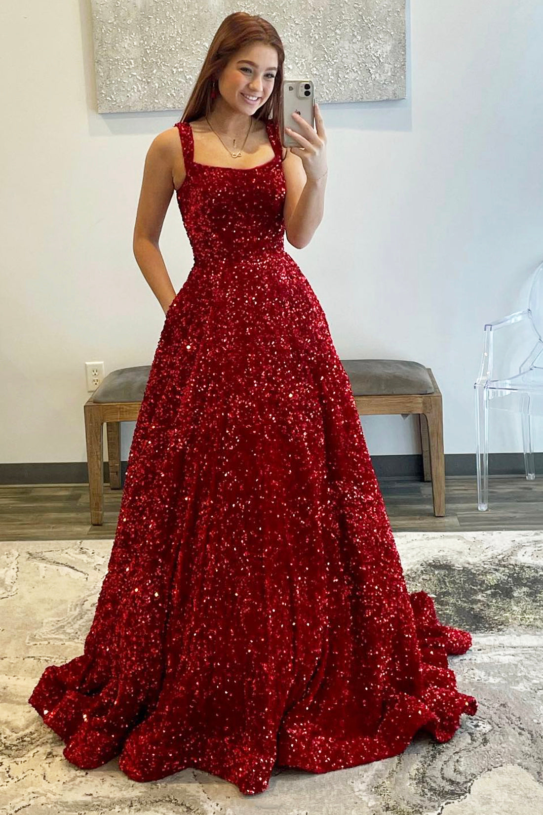 Burgundy Sequins Long Prom Dress, Beautiful A-Line Evening Dress Party Dress