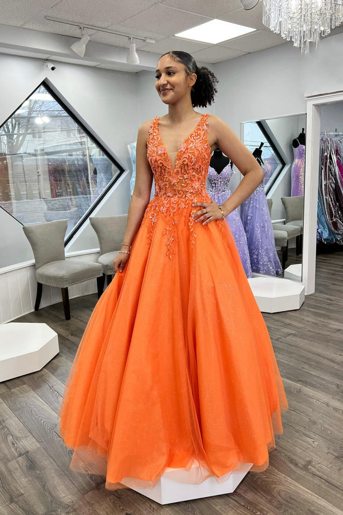 Orange V-Neck Lace Long Prom Dress, A-Line Evening Party Dress