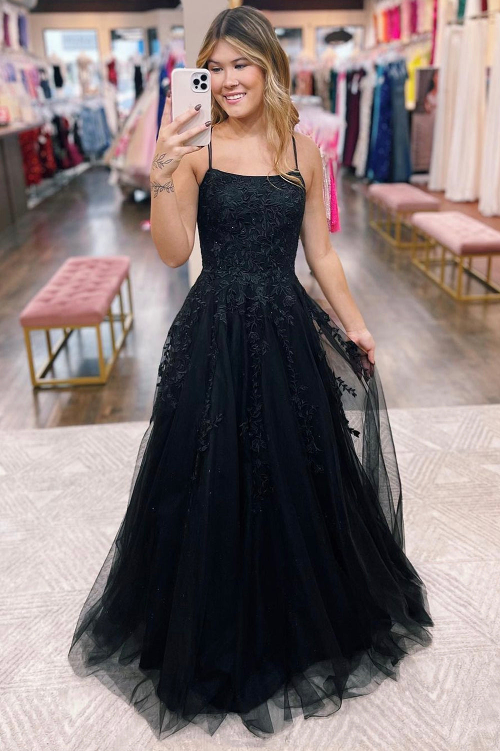 Black Tulle Lace Long Prom Dress, A-Line Evening Party Dress