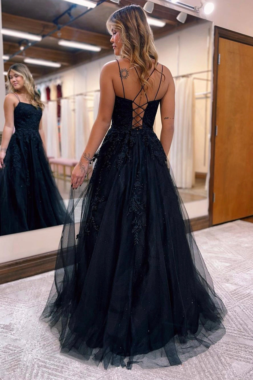 Black Tulle Lace Long Prom Dress, A-Line Evening Party Dress