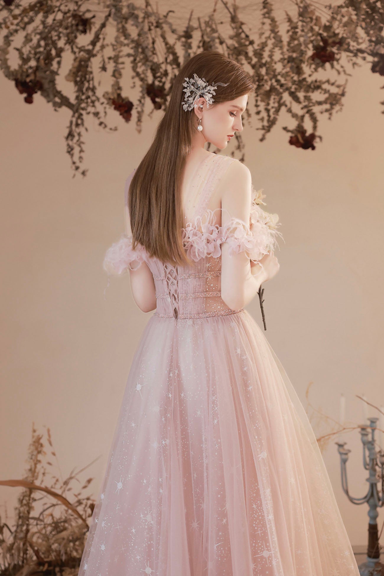 Beautiful Off the Shoulder Tulle Long Prom Dress, Pink A-Line Lace Up Graduation Dress