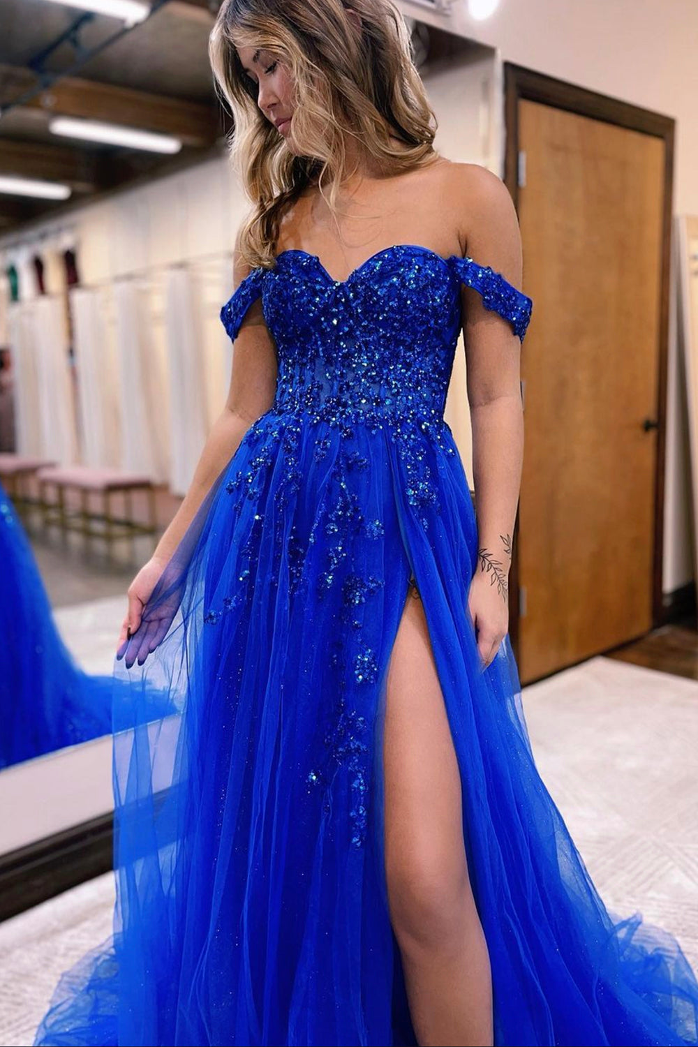 Blue Tulle Lace Long Prom Dress, Off the Shoulder Evening Dress