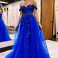 Blue Tulle Lace Long Prom Dress, Off the Shoulder Evening Dress