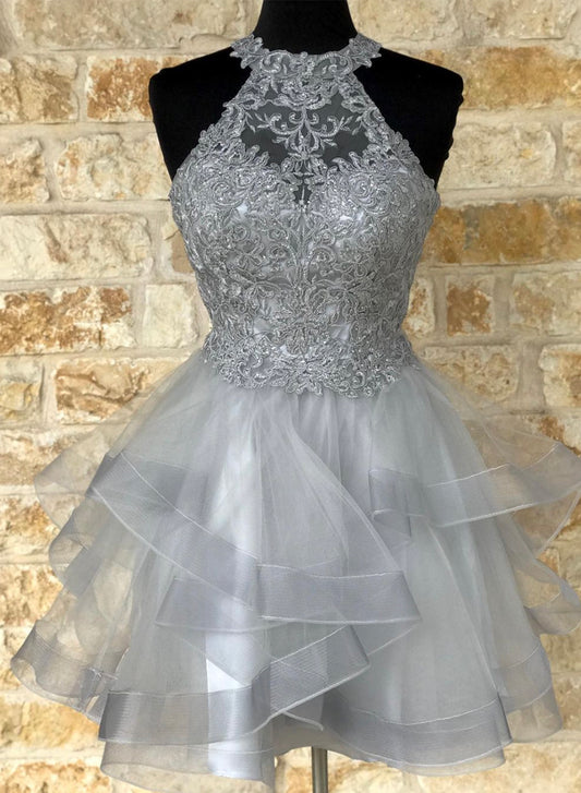 Gray Tulle Lace Short Prom Dress, A-Line Mini Party Dress