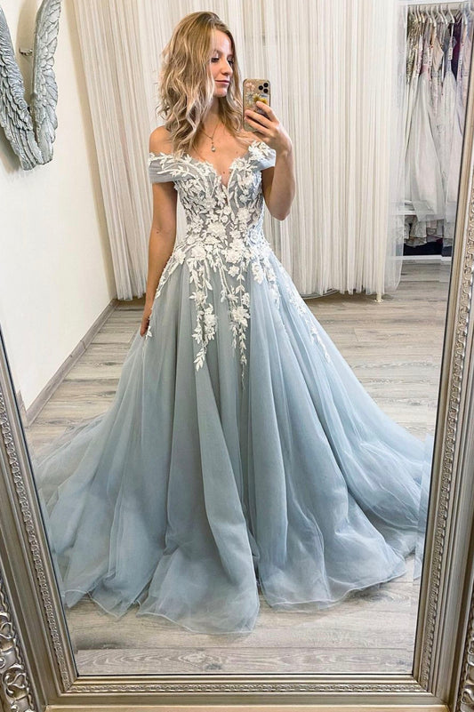 Grey Off the Shoulder Lace Long Prom Dresses, A Line Formal Dress