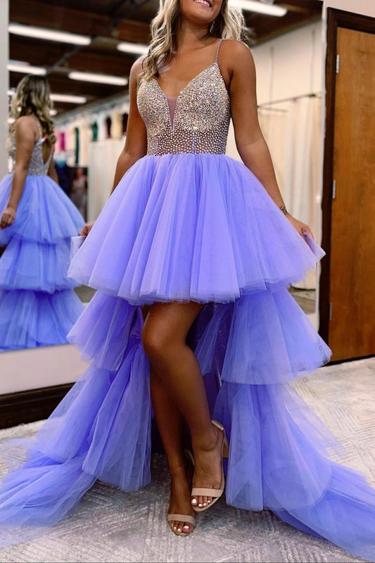 Purple V-Neck Tulle Long Prom Dresses, A-Line Beading Evening Dresses