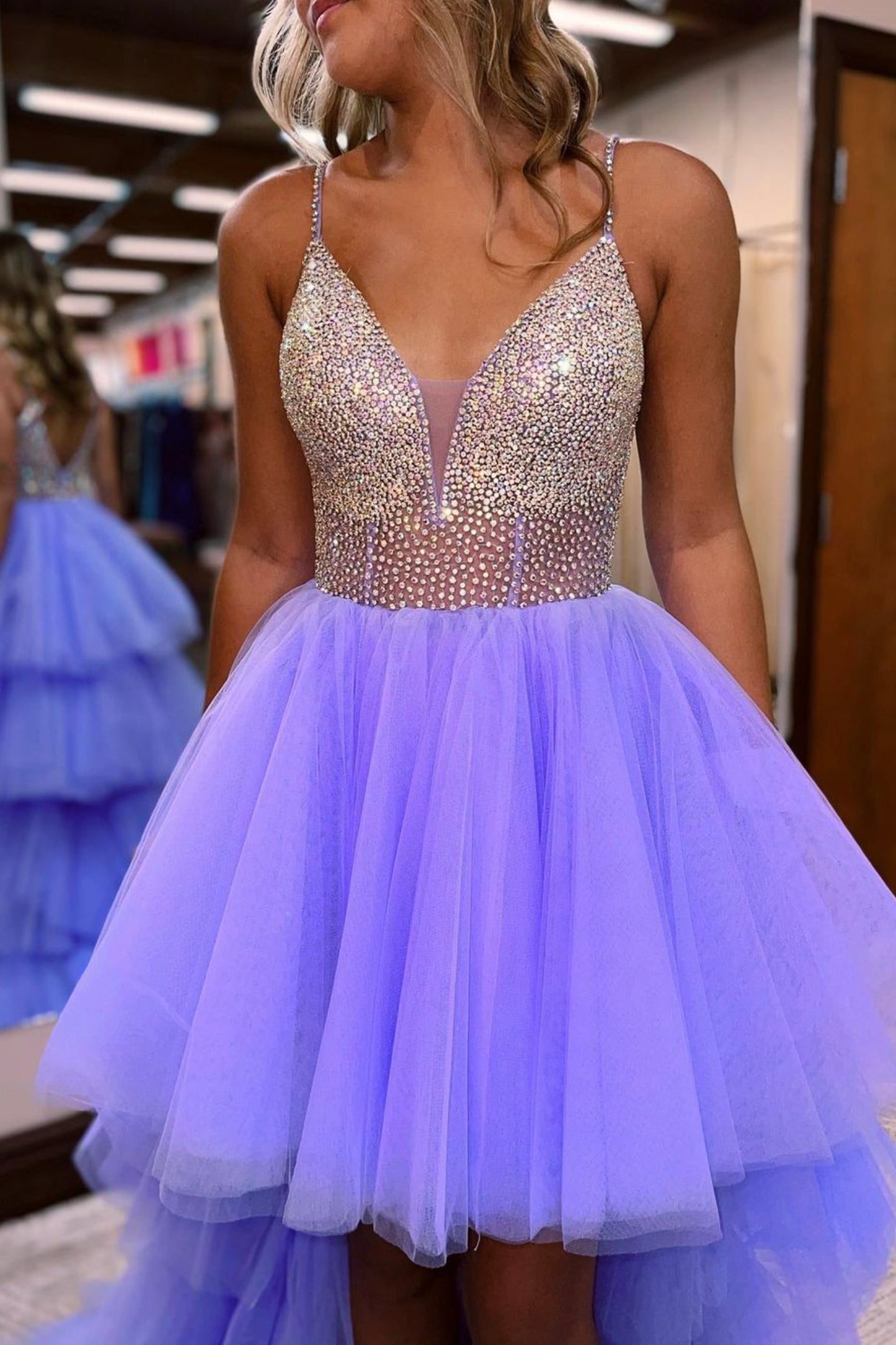 Purple V-Neck Tulle Long Prom Dresses, A-Line Beading Evening Dresses